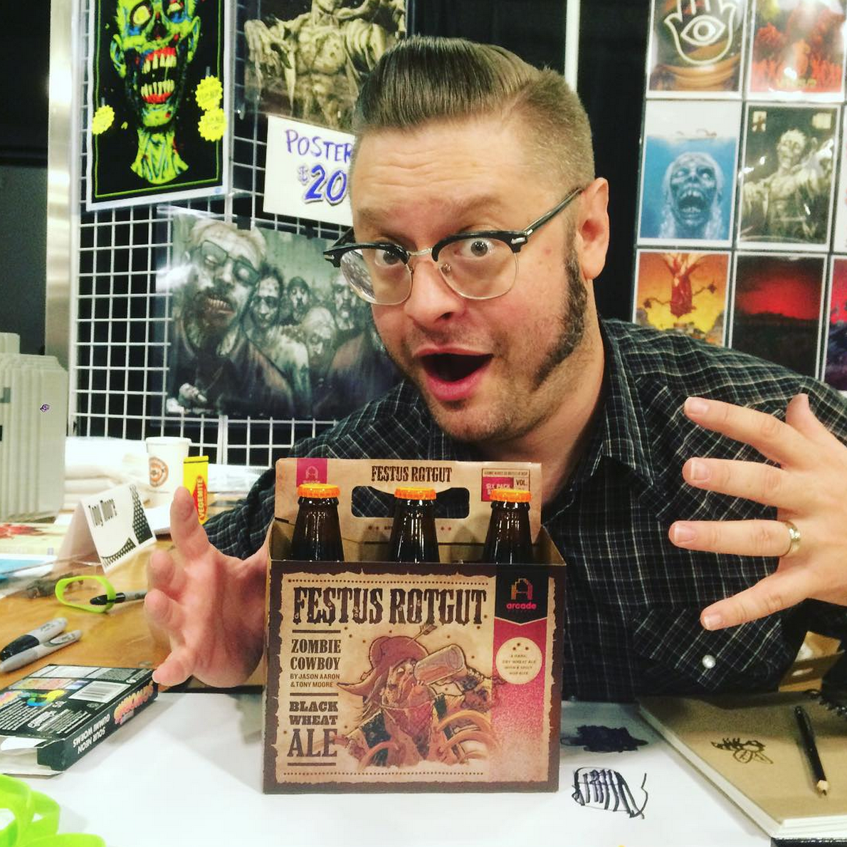 The great Tim Seeley and Arcade's 6 Pack Story/beer, Festus Rotgut (photo courtesy of Arcade's awesome Instagram)
